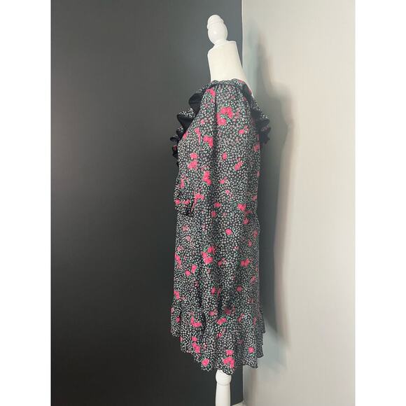 Topshop Woman’s Black Pink Floral V Neck Long Sleeve Ruffle Dress- Size 10 - Picture 3 of 13